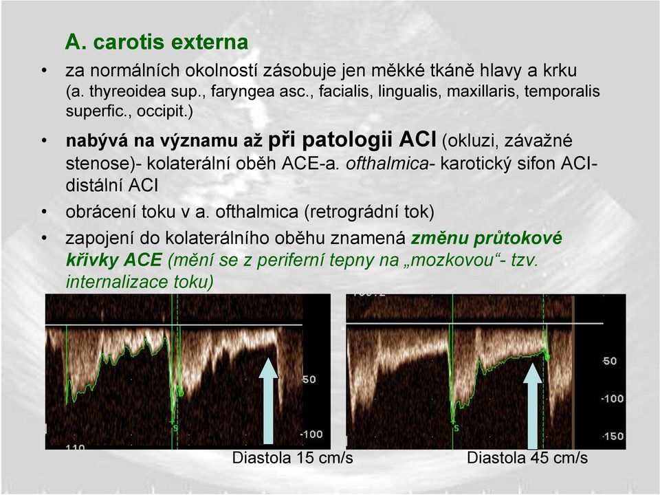 ) nabývá na významu až při patologii ACI (okluzi, závažné stenose)- kolaterální oběh ACE-a.