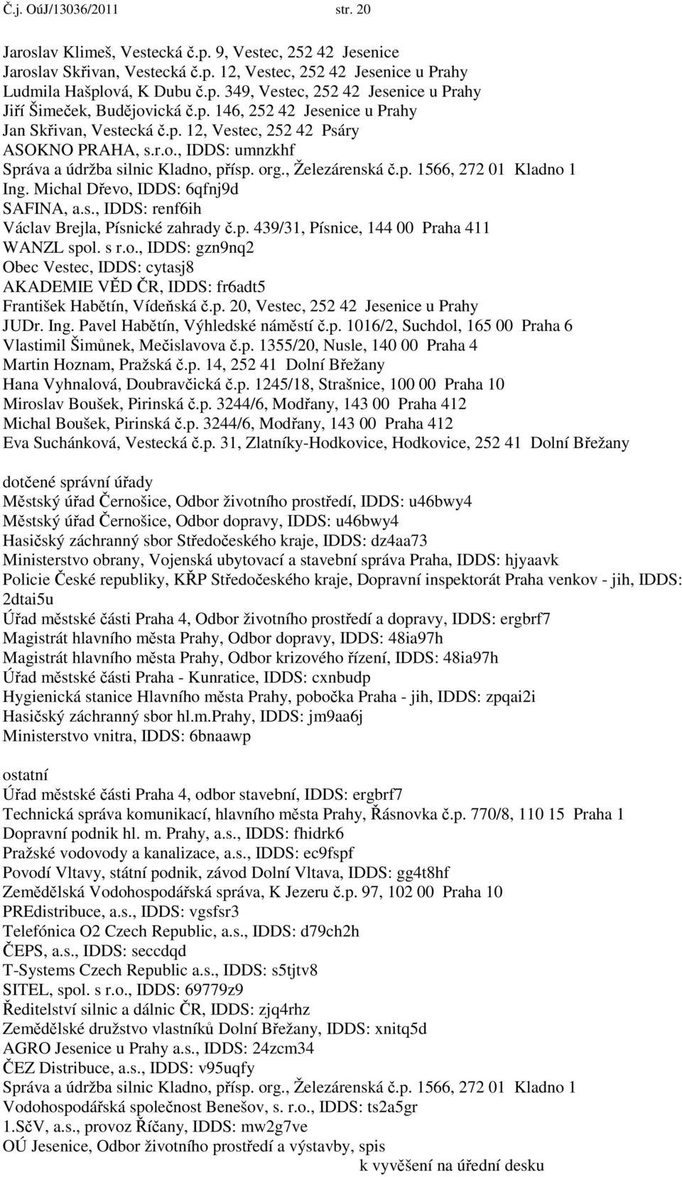 Michal Dřevo, IDDS: 6qfnj9d SAFINA, a.s., IDDS: renf6ih Václav Brejla, Písnické zahrady č.p. 439/31, Písnice, 144 00 Praha 411 WANZL spol. s r.o., IDDS: gzn9nq2 Obec Vestec, IDDS: cytasj8 AKADEMIE VĚD ČR, IDDS: fr6adt5 František Habětín, Vídeňská č.