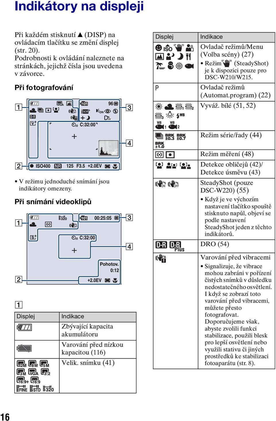 bílé (51, 52) Režim série/řady (44) V režimu jednoduché snímání jsou indikátory omezeny.