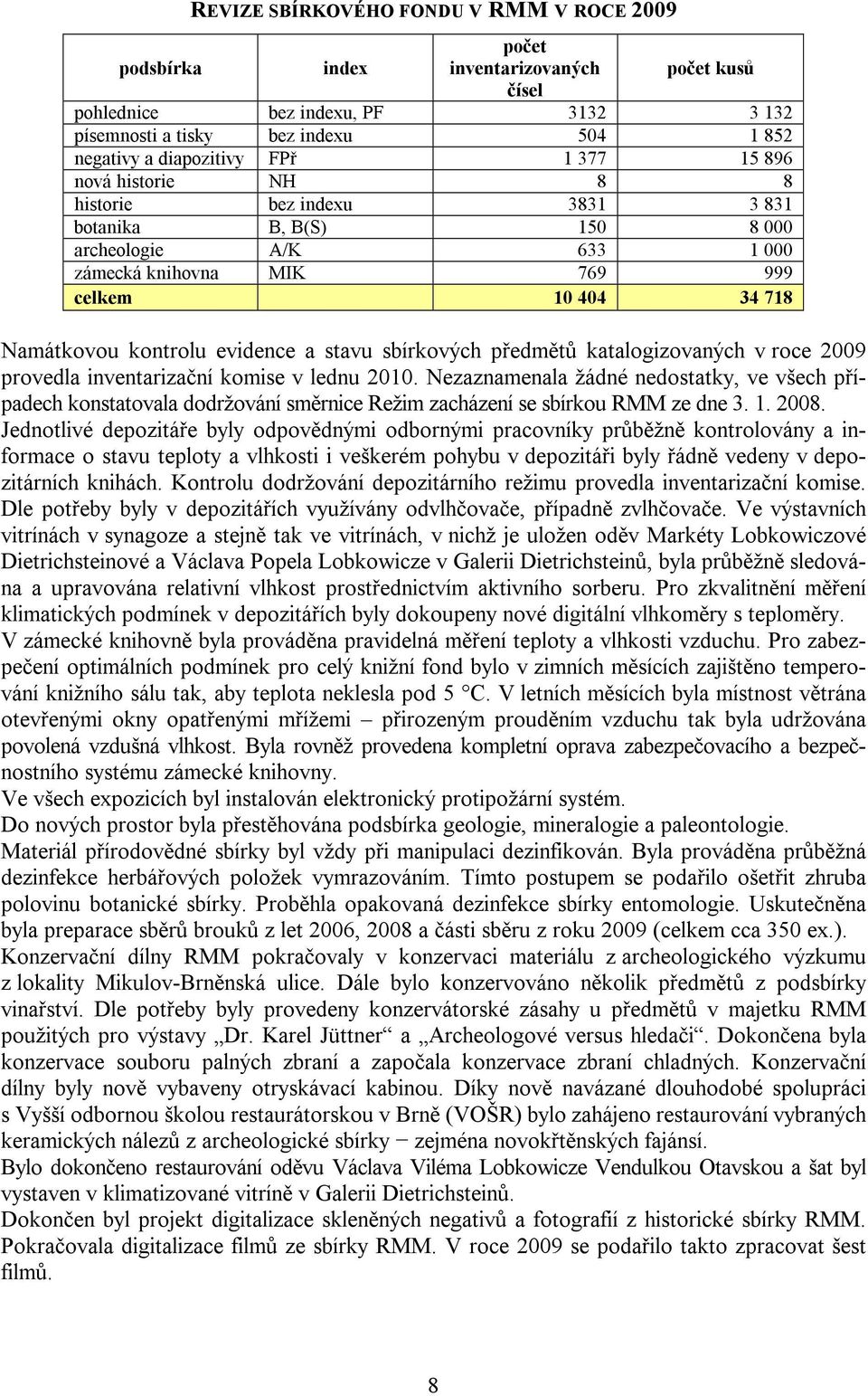 evidence a stavu sbírkových předmětů katalogizovaných v roce 2009 provedla inventarizační komise v lednu 2010.