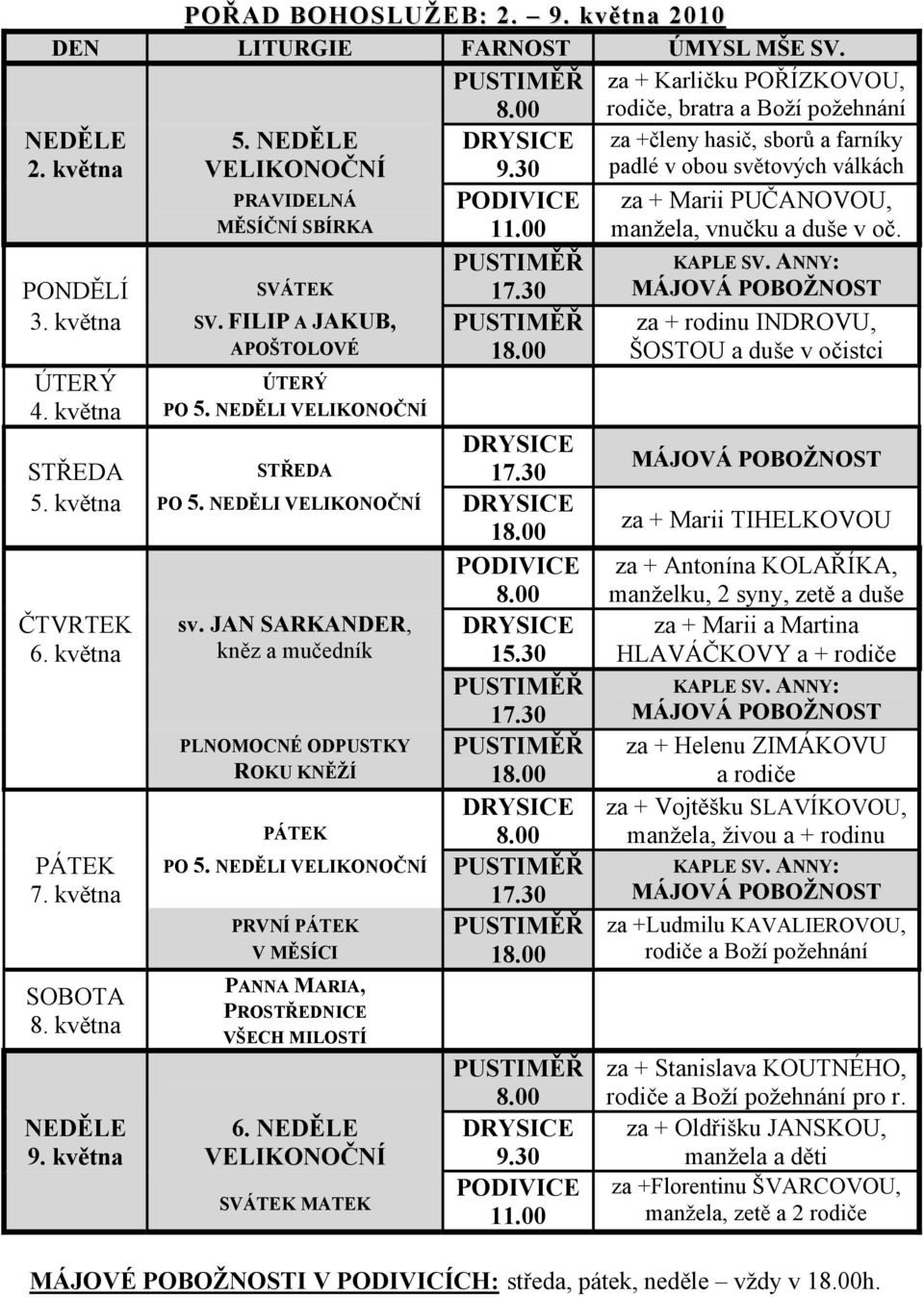 NEDĚLI VELIKONOČNÍ PRVNÍ PÁTEK V MĚSÍCI PANNA MARIA, PROSTŘEDNICE VŠECH MILOSTÍ DRYSICE 9.30 PODIVICE 11.00 PUSTIMĚŘ 17.30 PUSTIMĚŘ 18.00 STŘEDA STŘEDA DRYSICE 17.30 5. května PO 5.