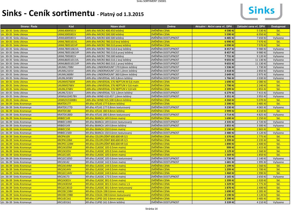 30-35 Sinks Ukinox UKML7805101VL UKN dřez MICRO 780.510 levý leštěný ZMĚNĚNA CENA 6990 Kč 7970 Kč Skl. str. 30-35 Sinks Ukinox UKML7805101VP UKN dřez MICRO 780.