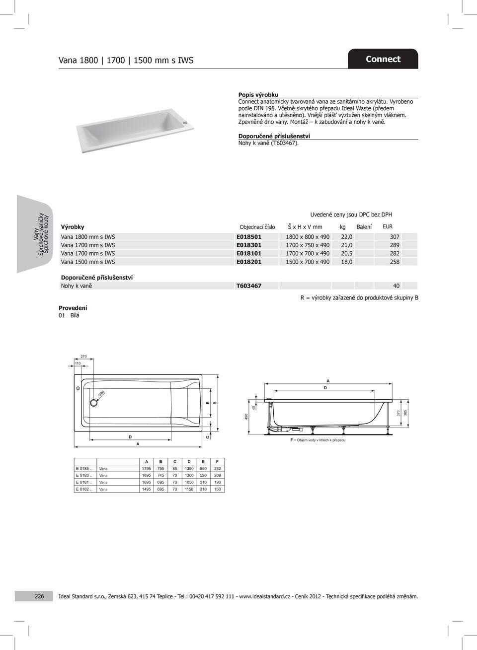 Vana 1800 mm s IWS E018501 1800 x 800 x 490 22,0 307 Vana 1700 mm s IWS E018301 1700 x 750 x 490 21,0 289 Vana 1700 mm s IWS E018101 1700 x 700 x 490 20,5 282 Vana 1500 mm s IWS E018201 1500 x 700