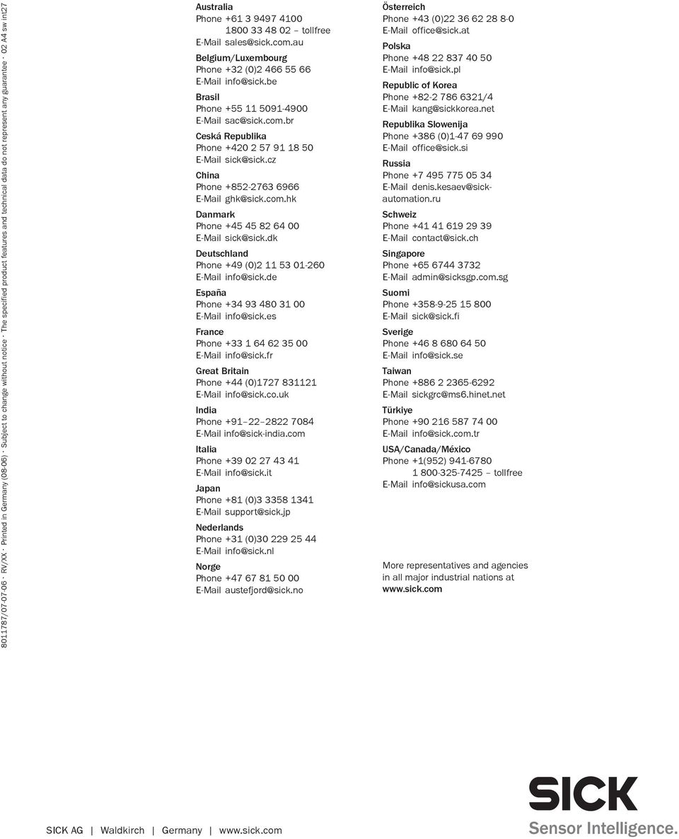 be Brasil Phone +55 11 5091-4900 E-Mail sac@sick.com.br Ceská Republika Phone +420 2 57 91 18 50 E-Mail sick@sick.cz China Phone +852-2763 6966 E-Mail ghk@sick.com.hk Danmark Phone +45 45 82 64 00 E-Mail sick@sick.