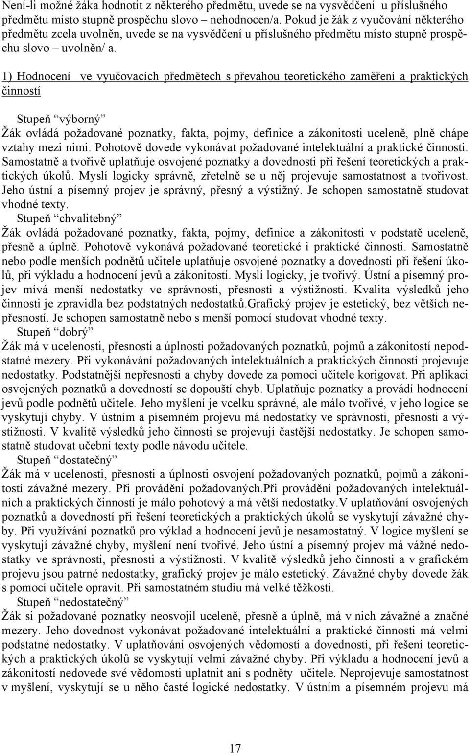 1) Hodnocení ve vyučovacích předmětech s převahou teoretického zaměření a praktických činností Stupeň výborný Žák ovládá požadované poznatky, fakta, pojmy, definice a zákonitosti uceleně, plně chápe