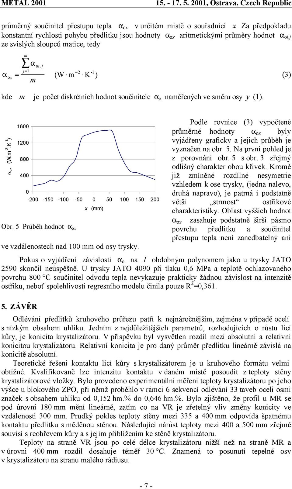 diskrétních hodnot součinitele α o naměřených ve směru osy y (1). α ox (W.m -2.K -1 ) 16 12 8 4-2 -15-1 -5 5 1 15 2 x (mm) Obr. 5 Průběh hodnot α ox ve vzdálenostech nad 1 mm od osy trysky.