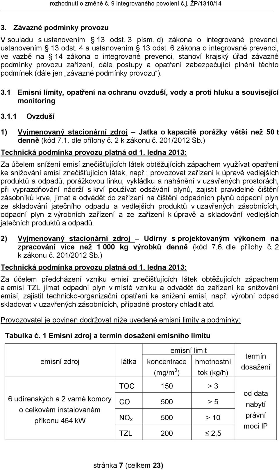 (dále jen závazné podmínky provozu ). 3.1 Emisní limity, opatření na ochranu ovzduší, vody a proti hluku a související monitoring 3.1.1 Ovzduší 1) Vyjmenovaný stacionární zdroj Jatka o kapacitě porážky větší než 50 t denně (kód 7.