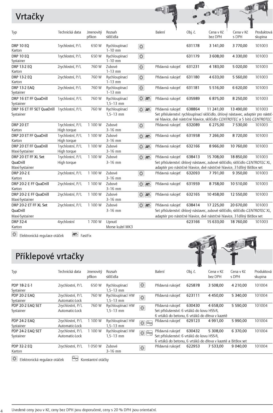 608,00 4 330,00 101003 Systainer 1 10 mm DRP 132 EQ 2rychlostní, P/L 760 W Zubové P ídavná rukoje 631231 4 183,00 5 020,00 101003 Karton 1 13 mm DRP 132 EQ 2rychlostní, P/L 760 W Rychloupínací P