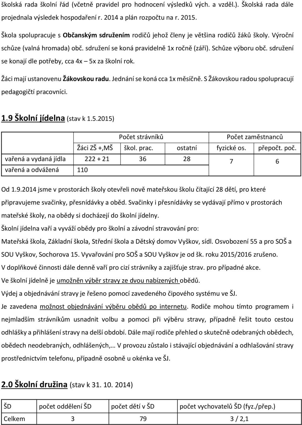 sdružení se konají dle potřeby, cca 4x 5x za školní rok. Žáci mají ustanovenu Žákovskou radu. Jednání se koná cca 1x měsíčně. S Žákovskou radou spolupracují pedagogičtí pracovníci. 1.9 Školní jídelna (stav k 1.