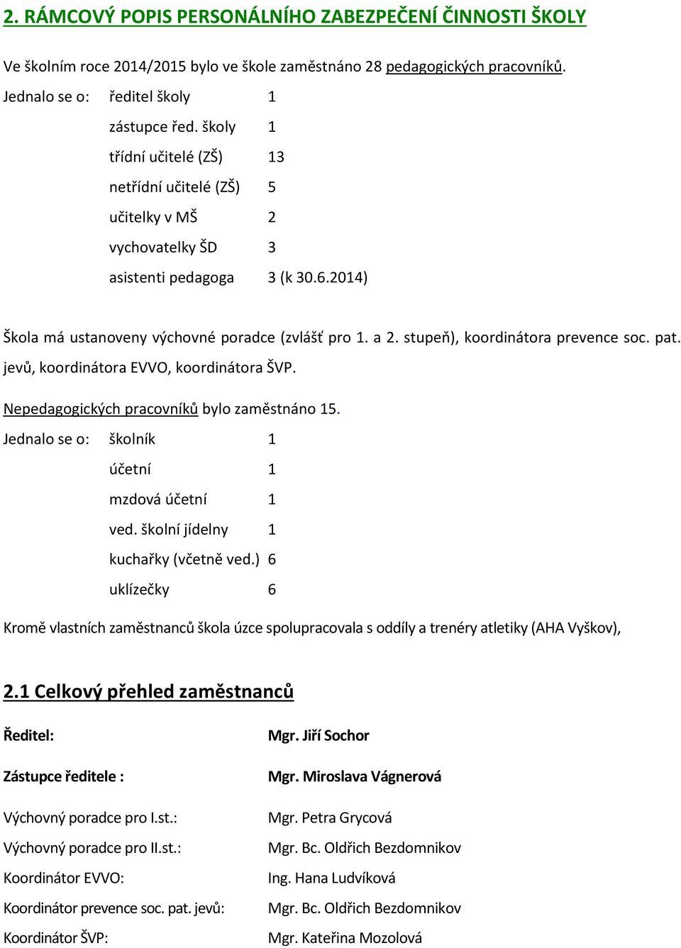 stupeň), koordinátora prevence soc. pat. jevů, koordinátora EVVO, koordinátora ŠVP. Nepedagogických pracovníků bylo zaměstnáno 15. Jednalo se o: školník 1 účetní 1 mzdová účetní 1 ved.