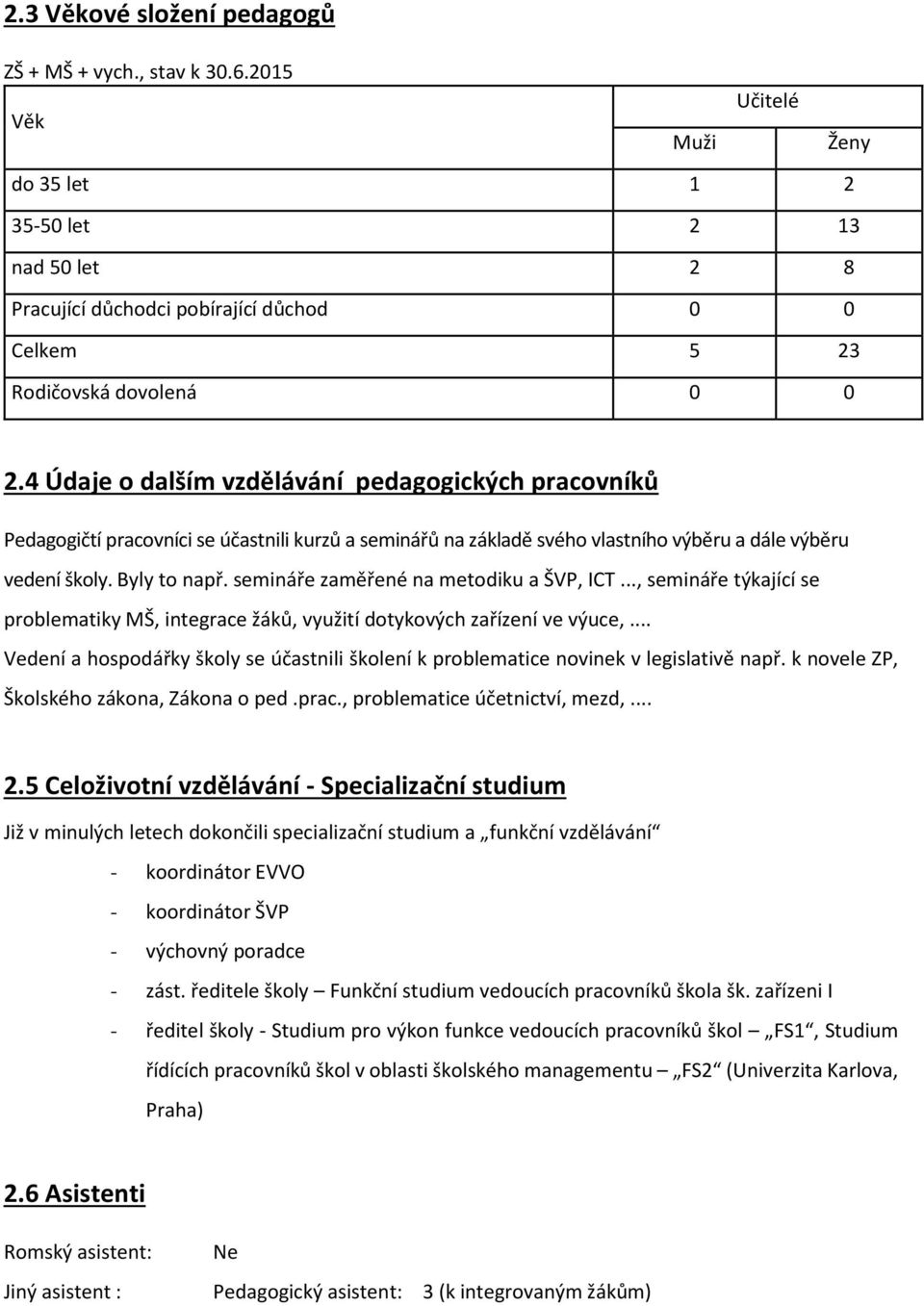 4 Údaje o dalším vzdělávání pedagogických pracovníků Pedagogičtí pracovníci se účastnili kurzů a seminářů na základě svého vlastního výběru a dále výběru vedení školy. Byly to např.