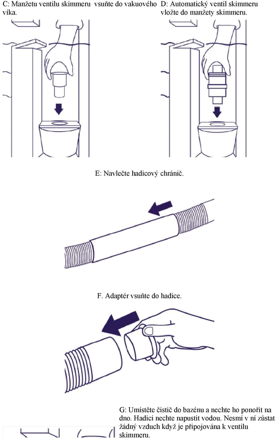 E: Navlečte hadicový chránič. F. Adaptér vsuňte do hadice.