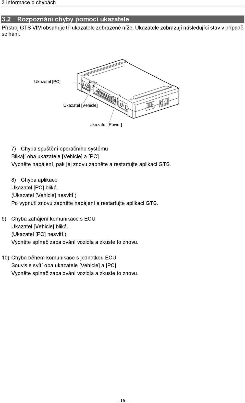 8) Chyba aplikace Ukazatel [PC] bliká. (Ukazatel [Vehicle] nesvítí.) Po vypnutí znovu zapněte napájení a restartujte aplikaci GTS. 9) Chyba zahájení komunikace s ECU Ukazatel [Vehicle] bliká.