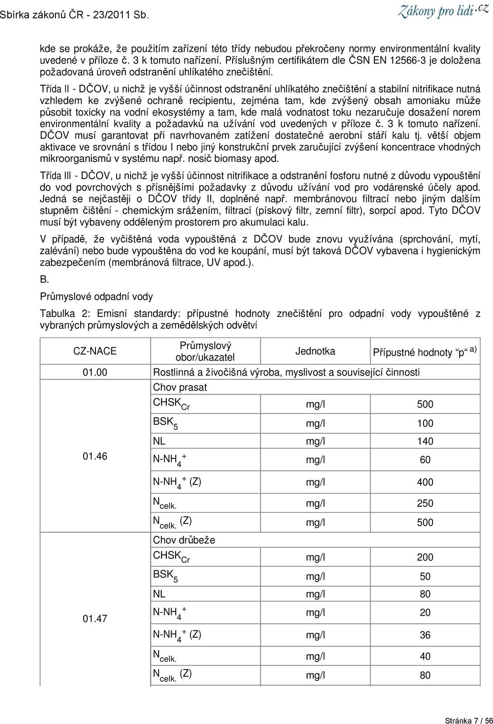 Třída II - DČOV, u nichž je vyšší účinnost odstranění uhlíkatého znečištění a stabilní nitrifikace nutná vzhledem ke zvýšené ochraně recipientu, zejména tam, kde zvýšený obsah amoniaku může působit