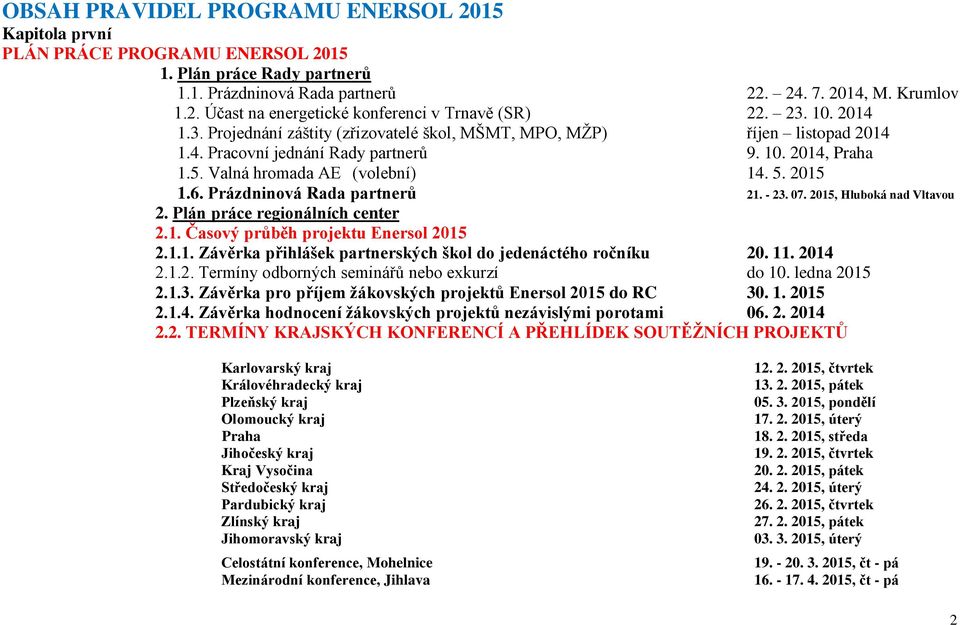 Prázdninová Rada partnerů 21. - 23. 07. 2015, Hluboká nad Vltavou 2. Plán práce regionálních center 2.1. Časový průběh projektu Enersol 2015 2.1.1. Závěrka přihlášek partnerských škol do jedenáctého ročníku 20.