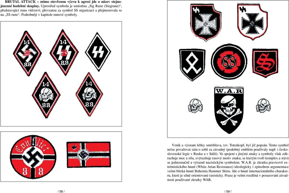 Vznik a v znam lebky smrtihlava, tzv. Totenkopf, byl jiï popsán. Tento symbol nelze povaïovat sám o sobû za závadn (podobn emblém pouïívaly napfi. i ãeskoslovenské legie v Rusku a v Itálii).