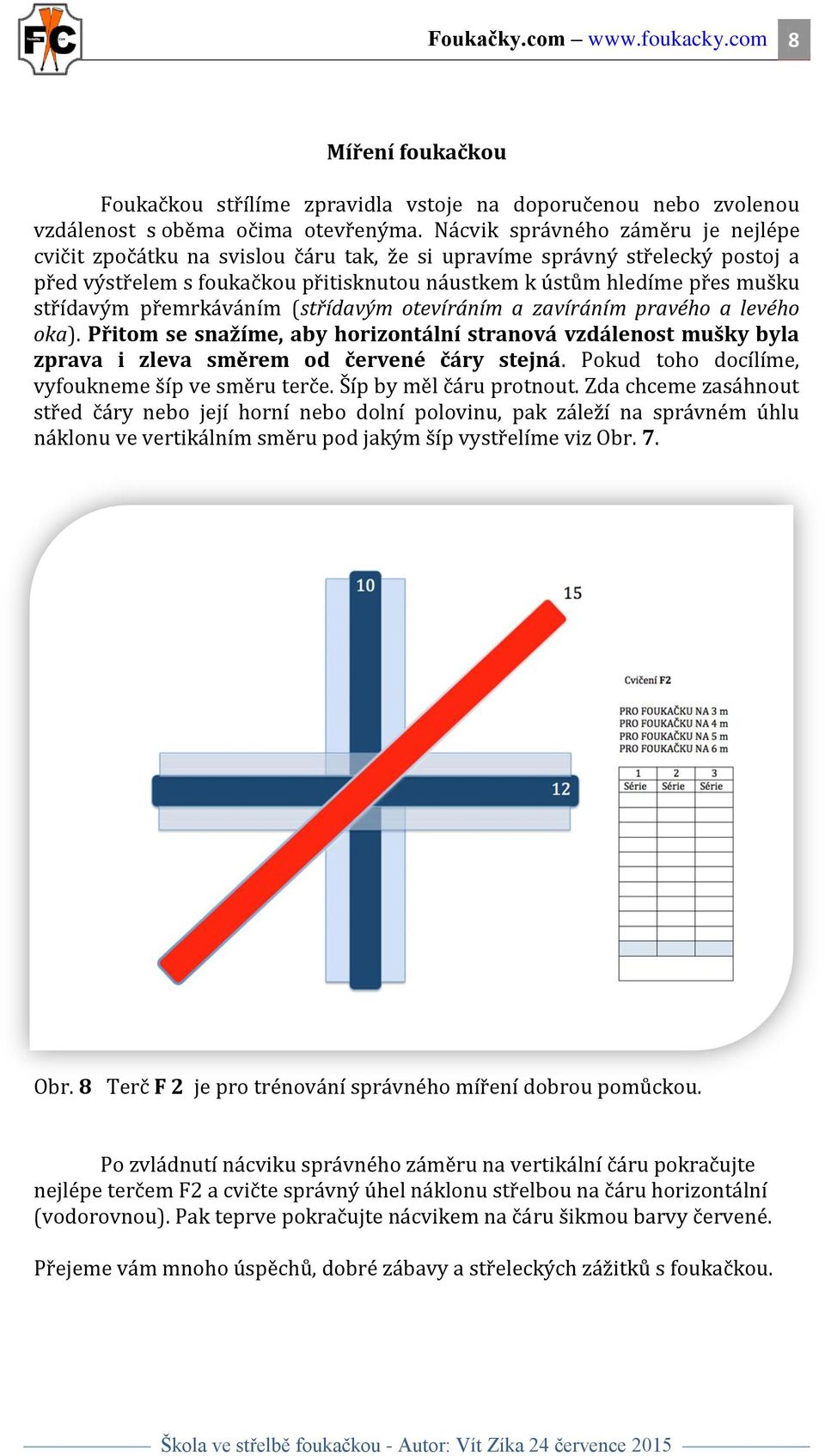 přemrkáváním (střídavým otevíráním a zavíráním pravého a levého oka). Přitom se snažíme, aby horizontální stranová vzdálenost mušky byla zprava i zleva směrem od červené čáry stejná.