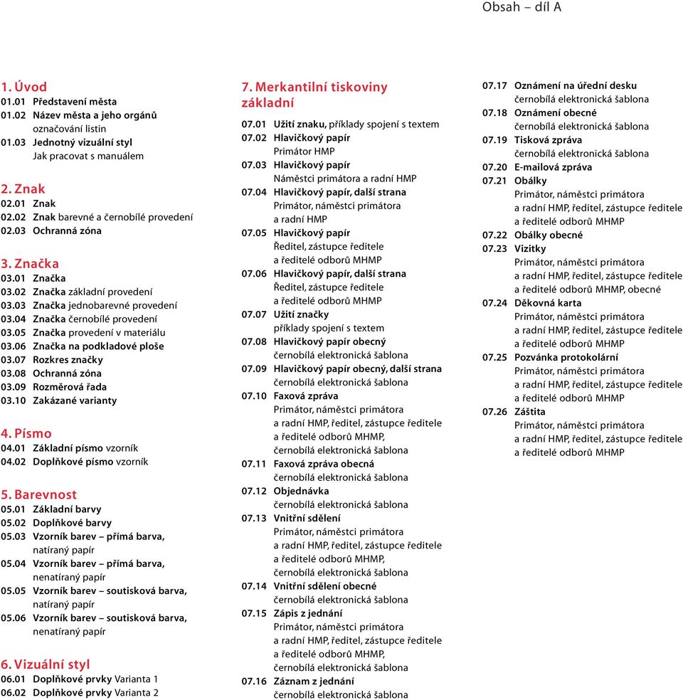 05 Značka provedení v materiálu 03.06 Značka na podkladové ploše 03.07 Rozkres značky 03.08 Ochranná zóna 03.09 Rozměrová řada 03.10 Zakázané varianty 4. Písmo 04.01 Základní písmo vzorník 04.