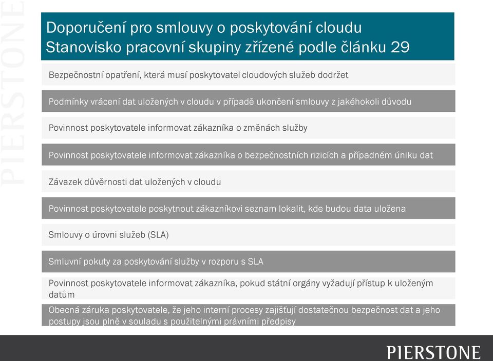 případném úniku dat Závazek důvěrnosti dat uložených v cloudu Povinnost poskytovatele poskytnout zákazníkovi seznam lokalit, kde budou data uložena Smlouvy o úrovni služeb (SLA) Smluvní pokuty za