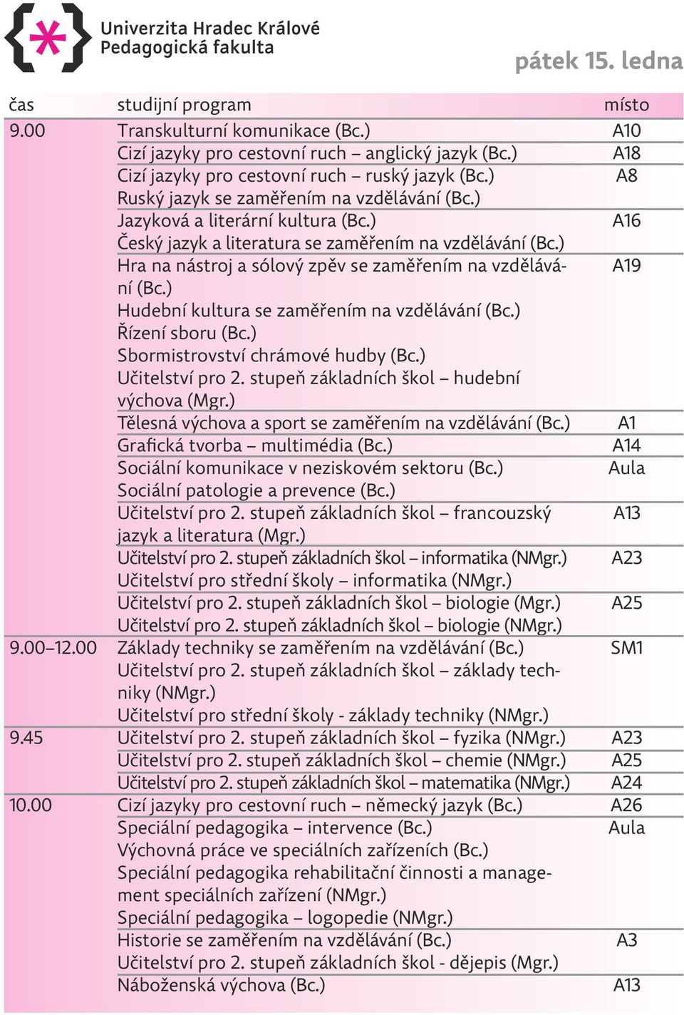 ) Hudební kultura se zaměřením na vzdělávání (Bc.) Řízení sboru (Bc.) Sbormistrovství chrámové hudby (Bc.) Učitelství pro 2. stupeň základních škol hudební výchova (Mgr.