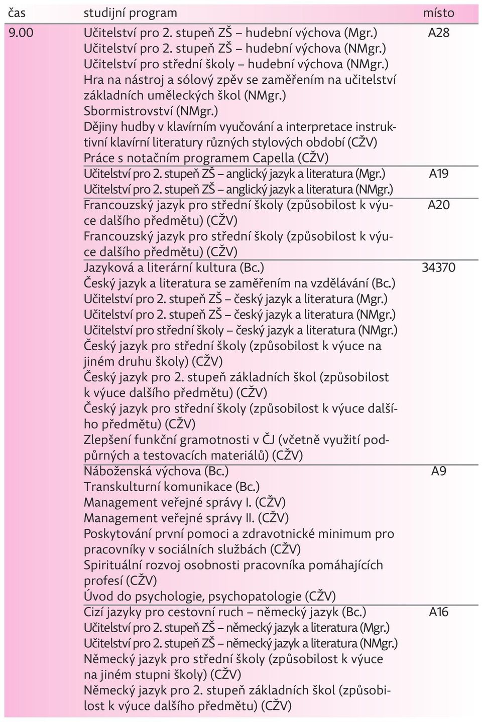 ) Dějiny hudby v klavírním vyučování a interpretace instruktivní klavírní literatury různých stylových období (CŽV) Práce s notačním programem Capella (CŽV) Učitelství pro 2.