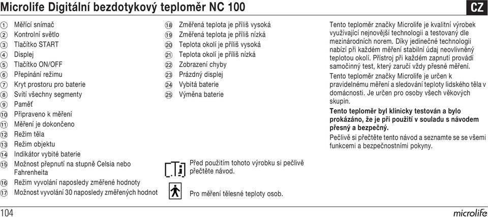 změřené hodnoty AQ Možnost vyvolání 30 naposledy změřených hodnot AR AS BT BK BL BM BN BO Změřená teplota je příliš vysoká Změřená teplota je příliš nízká Teplota okolí je příliš vysoká Teplota okolí