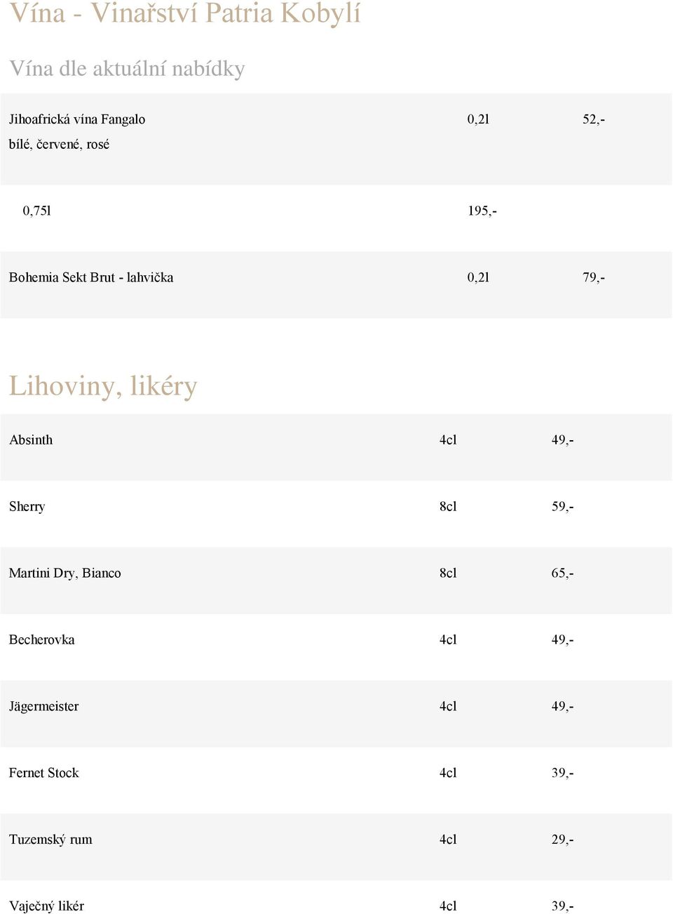 Lihoviny, likéry Absinth 4cl 49,- Sherry 8cl 59,- Martini Dry, Bianco 8cl 65,-