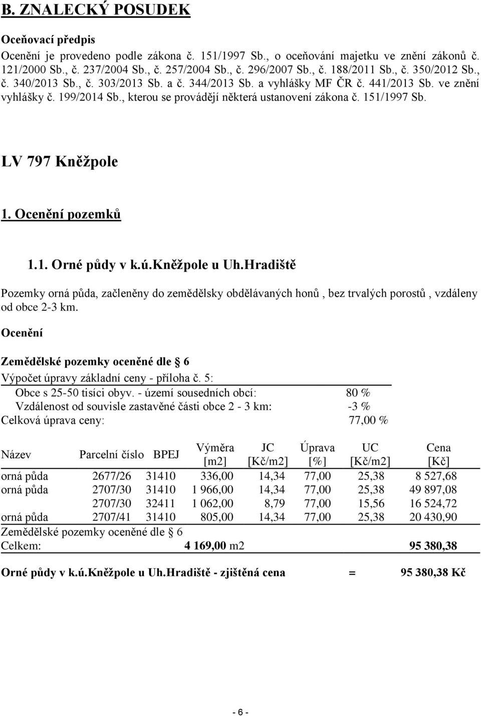 LV 797 Kněžpole 1. Ocenění pozemků 1.1. Orné půdy v k.ú.kněžpole u Uh.Hradiště Pozemky orná půda, začleněny do zemědělsky obdělávaných honů, bez trvalých porostů, vzdáleny od obce 2-3 km.