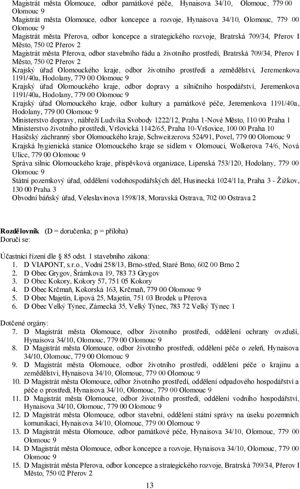 Město, 750 02 Přerov 2 Krajský úřad Olomouckého kraje, odbor životního prostředí a zemědělství, Jeremenkova 1191/40a, Hodolany, 779 00 Olomouc 9 Krajský úřad Olomouckého kraje, odbor dopravy a