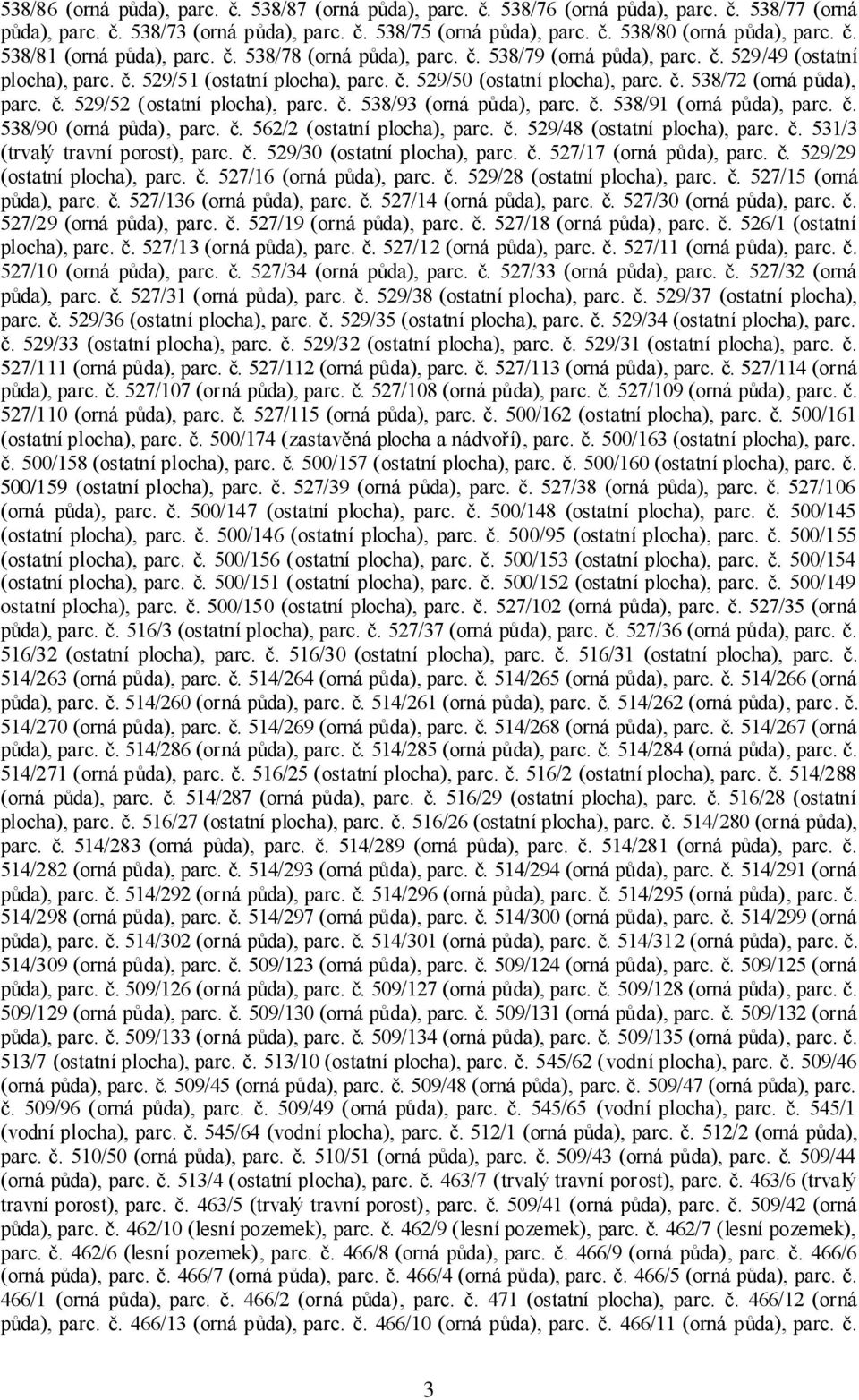 č. 529/52 (ostatní plocha), parc. č. 538/93 (orná půda), parc. č. 538/91 (orná půda), parc. č. 538/90 (orná půda), parc. č. 562/2 (ostatní plocha), parc. č. 529/48 (ostatní plocha), parc. č. 531/3 (trvalý travní porost), parc.