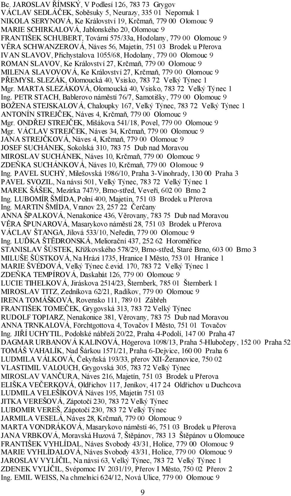 ROMAN SLAVOV, Ke Království 27, Krčmaň, 779 00 Olomouc 9 MILENA SLAVOVOVÁ, Ke Království 27, Krčmaň, 779 00 Olomouc 9 PŘEMYSL SLEZÁK, Olomoucká 40, Vsisko, 783 72 Velký Týnec 1 Mgr.