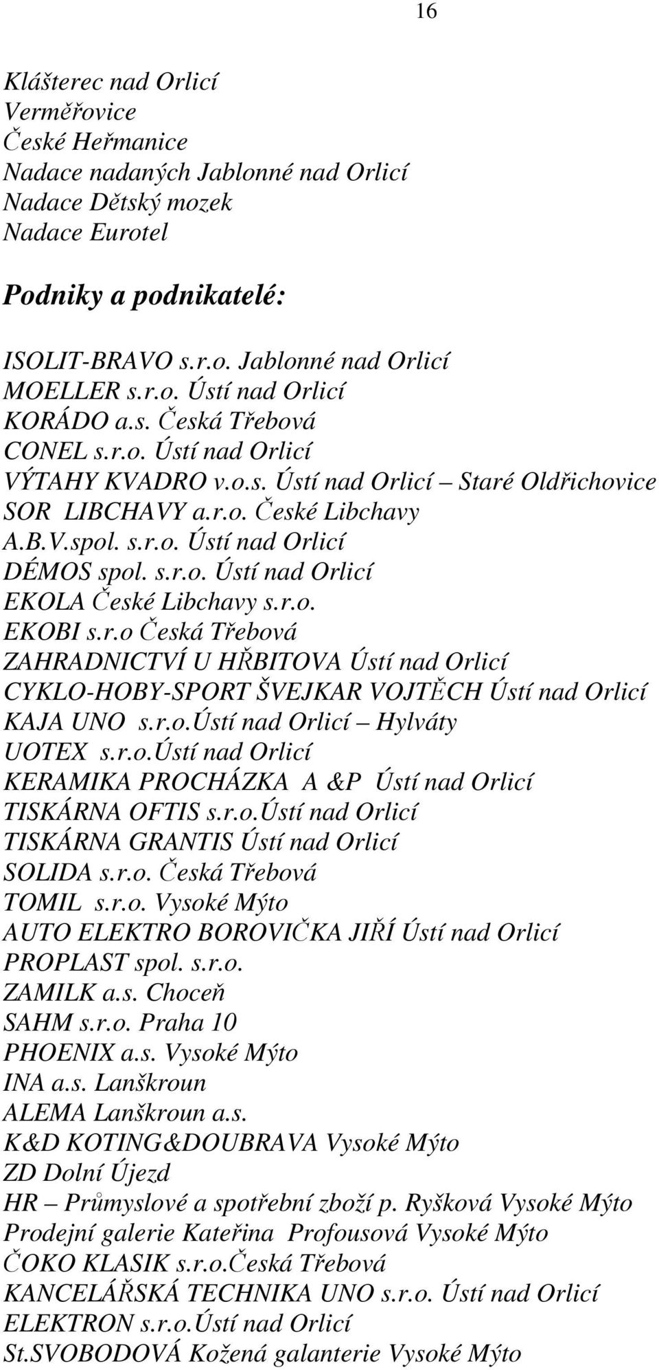 r.o. EKOBI s.r.o Česká Třebová ZAHRADNICTVÍ U HŘBITOVA Ústí nad Orlicí CYKLO-HOBY-SPORT ŠVEJKAR VOJTĚCH Ústí nad Orlicí KAJA UNO s.r.o.ústí nad Orlicí Hylváty UOTEX s.r.o.ústí nad Orlicí KERAMIKA PROCHÁZKA A &P Ústí nad Orlicí TISKÁRNA OFTIS s.