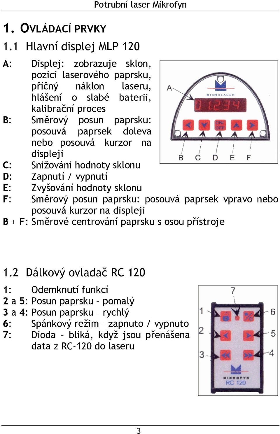 B: Směrový posun paprsku: posouvá paprsek doleva nebo posouvá kurzor na displeji C: Snižování hodnoty sklonu D: Zapnutí / vypnutí E: Zvyšování hodnoty sklonu F: Směrový