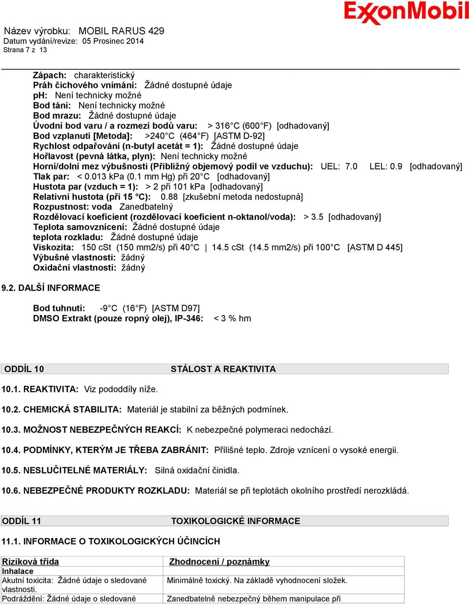 možné Horní/dolní mez výbušnosti (Přibližný objemový podíl ve vzduchu): UEL: 7.0 LEL: 0.9 [odhadovaný] Tlak par: < 0.013 kpa (0.