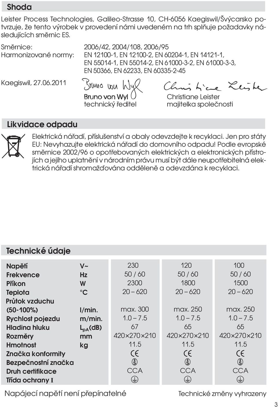 Kaegiswil, 27.06.2011 Bruno von Wyl technický ředitel Christiane Leister majitelka společnosti Likvidace odpadu Elektrická nářadí, příslušenství a obaly odevzdejte k recyklaci.