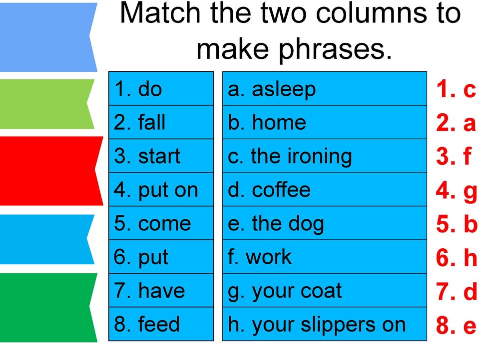 home c. the ironing d. coffee e. the dog f. work g.