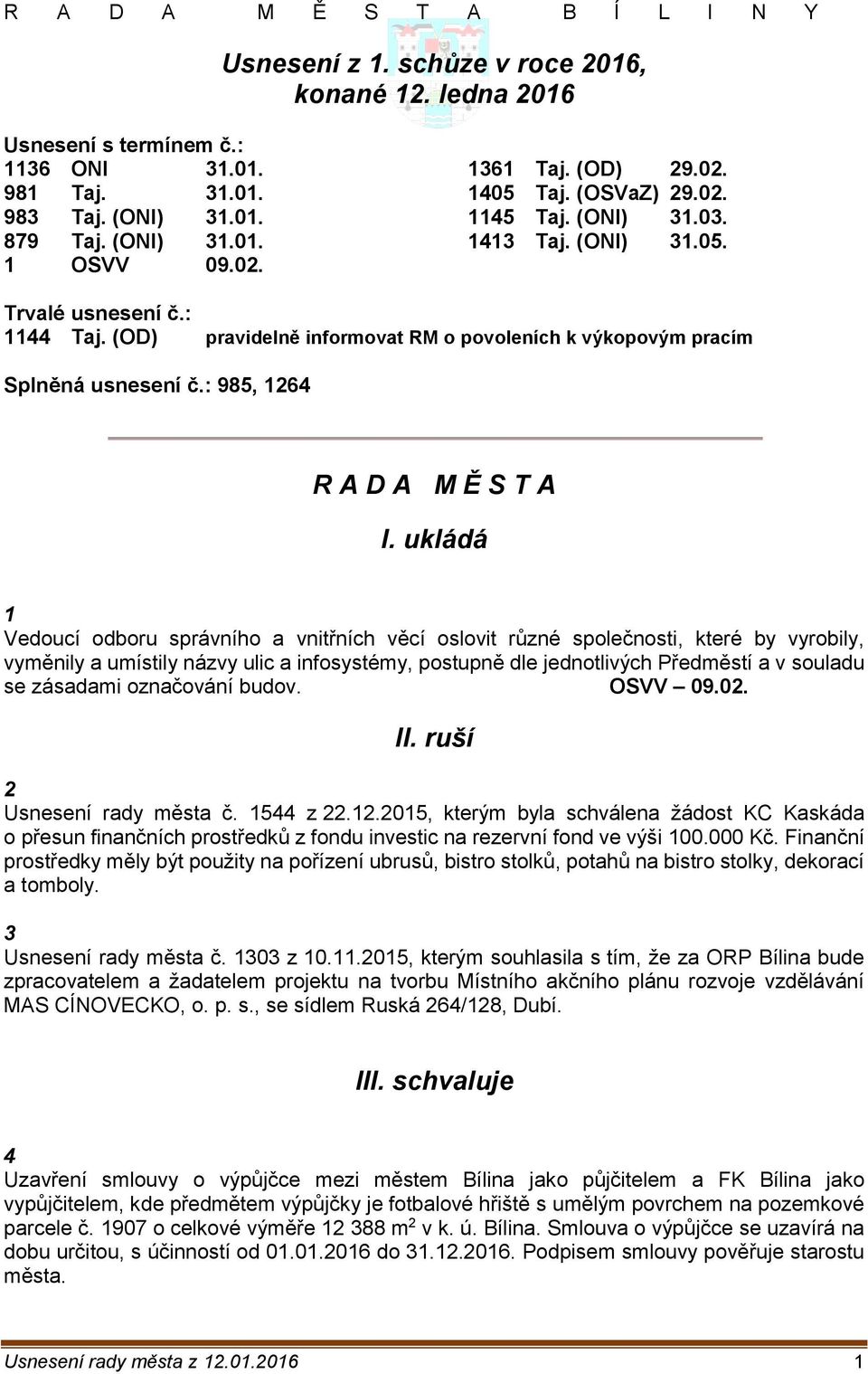 (OD) pravidelně informovat RM o povoleních k výkopovým pracím Splněná usnesení č.: 985, 1264 R A D A M Ě S T A I.