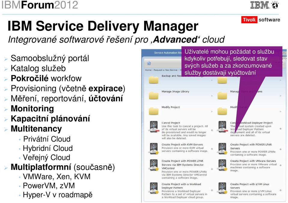 Multitenancy Privátní Hybridní Veřejný Multiplatformní (současně) VMWare, Xen, KVM PowerVM, zvm Hyper-V v roadmapě