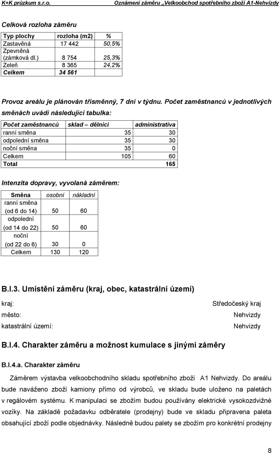 Intenzita dopravy, vyvolaná záměrem: Směna osobní nákladní ranní směna (od 6 do 14) 50 60 odpolední (od 14 do 22) 50 60 noční (od 22 do 6) 30