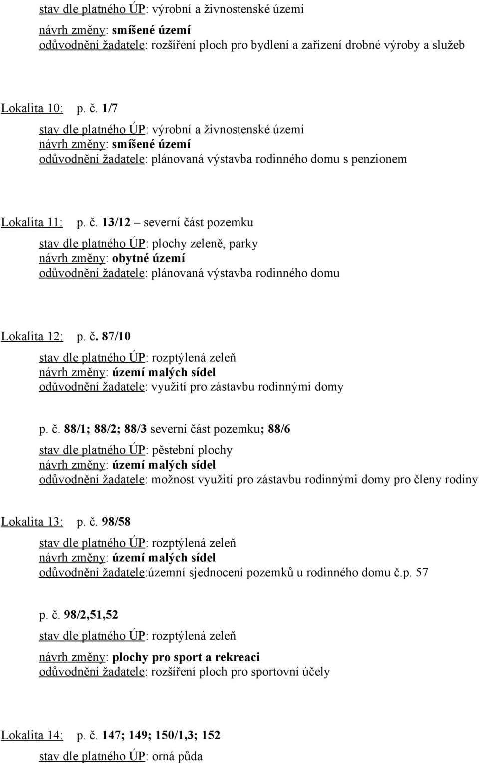 č. 88/1; 88/2; 88/3 severní část pozemku; 88/6 odůvodnění žadatele: možnost využití pro zástavbu rodinnými domy pro členy rodiny Lokalita 13: p. č. 98/58 stav dle platného ÚP: rozptýlená zeleň odůvodnění žadatele:územní sjednocení pozemků u rodinného domu č.