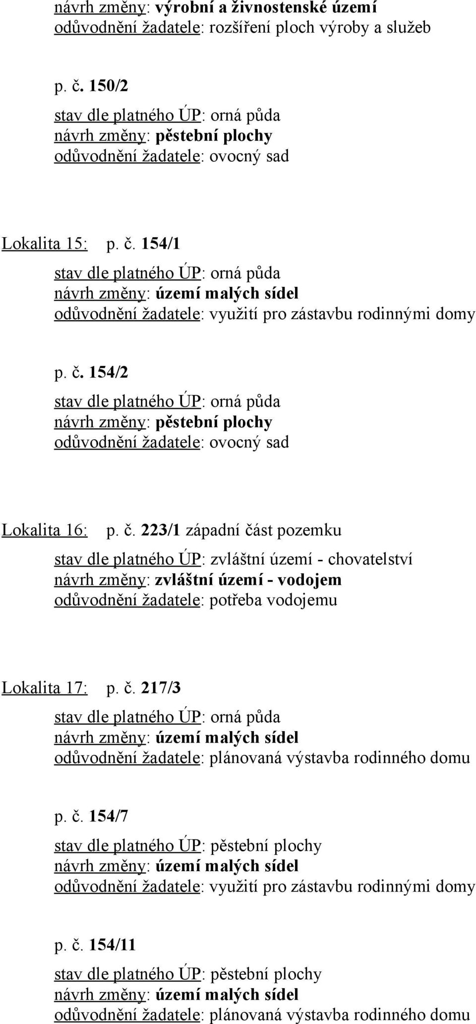 č. 154/2 návrh změny: pěstební plochy odůvodnění žadatele: ovocný sad Lokalita 16: p. č.