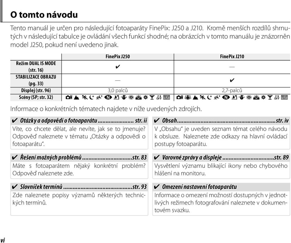 FinePix J250 FinePix J210 Režim DUAL IS MODE (str. 16) STABILIZACE OBRAZU (pg. 33) Displej (str. 96) 3,0 palců 2,7-palců Scény (SP; str.