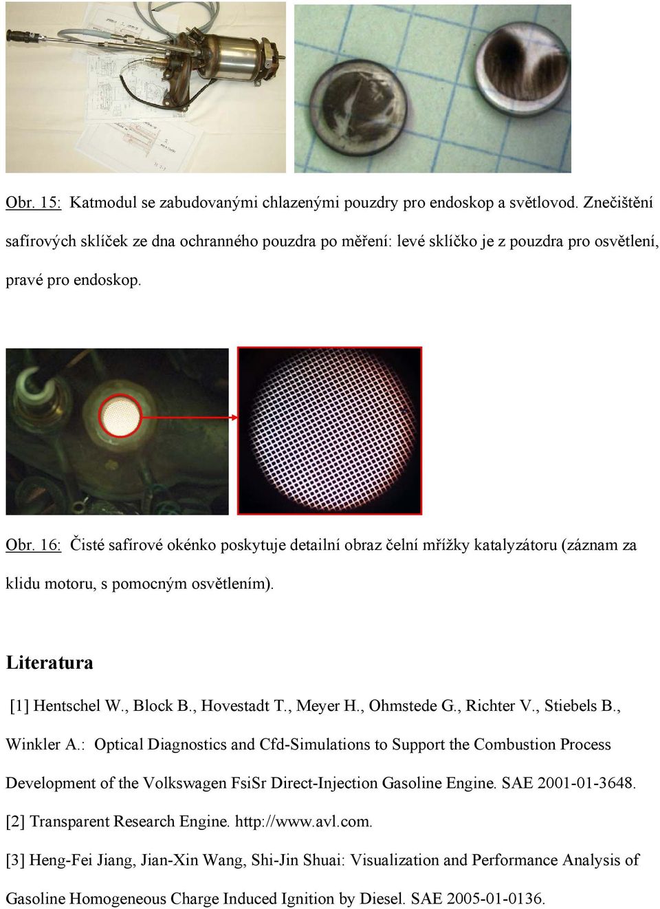 16: Čisté safírové okénko poskytuje detailní obraz čelní mřížky katalyzátoru (záznam za klidu motoru, s pomocným osvětlením). Literatura [1] Hentschel W., Block B., Hovestadt T., Meyer H., Ohmstede G.