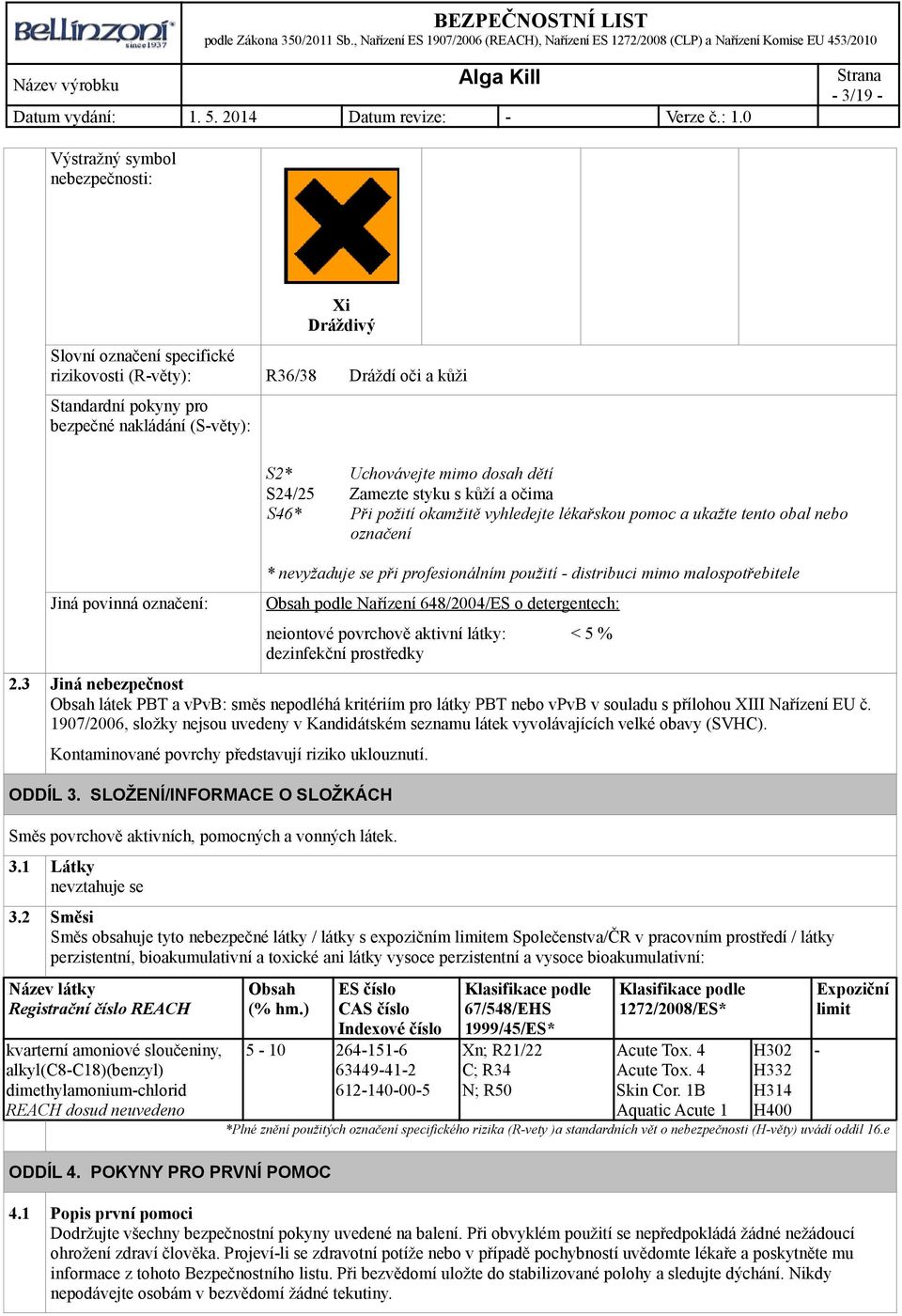 použití - distribuci mimo malospotřebitele Obsah podle Nařízení 648/2004/ES o detergentech: neiontové povrchově aktivní látky: < 5 % dezinfekční prostředky 2.