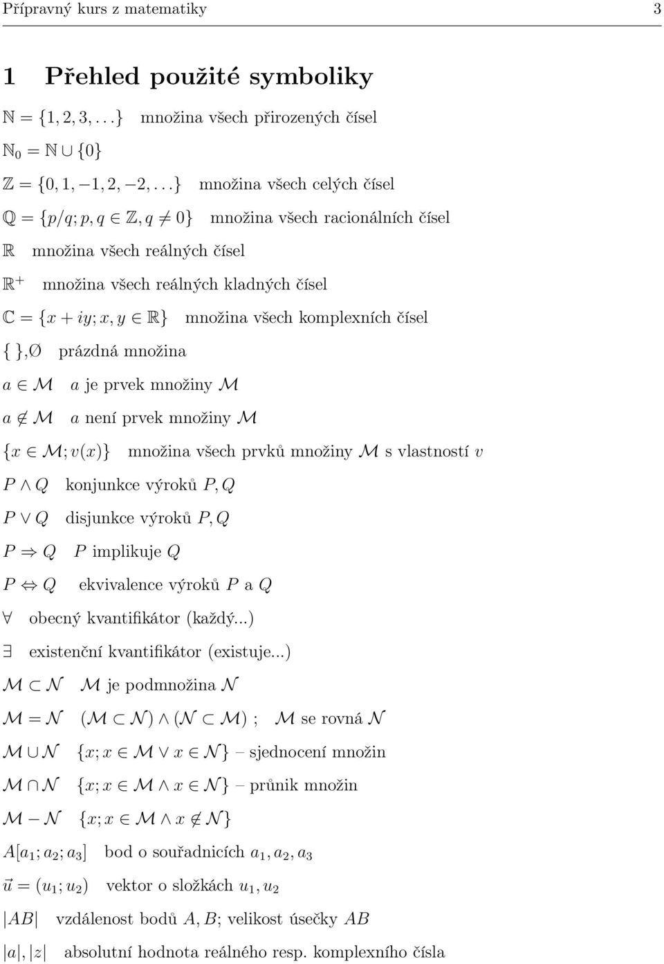 čísel { },Ø prázdná množina a M a M a je prvek množin M a není prvek množin M { M; v()} množina všech prvků množin M s vlastností v P Q P Q P Q P Q konjunkce výroků P, Q disjunkce výroků P, Q P