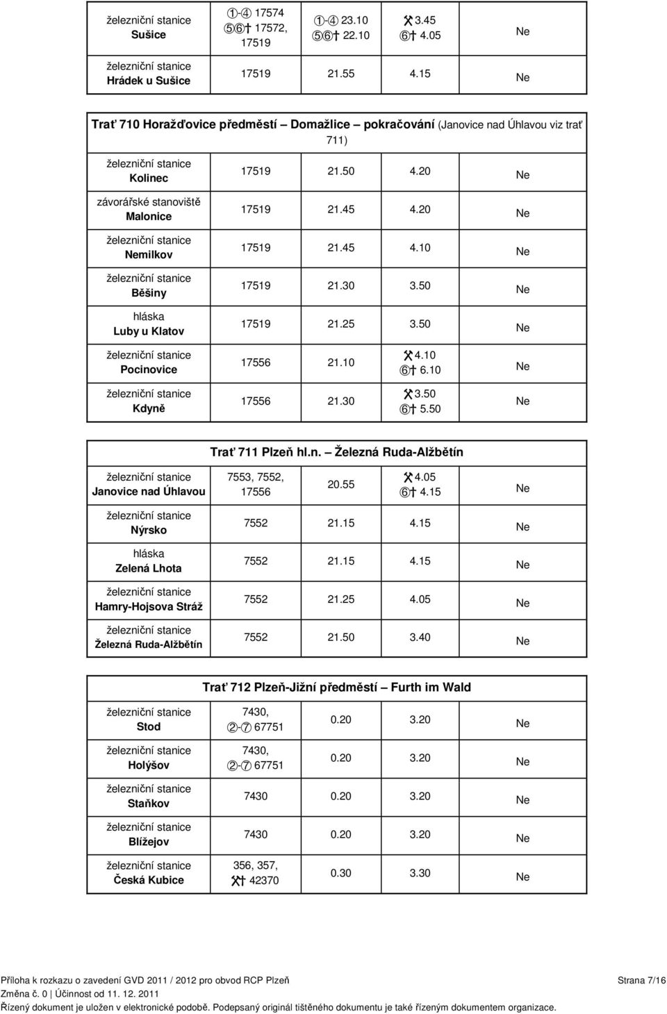 20 17519 21.45 4.10 17519 21.30 3.50 17519 21.25 3.50 Pocinovice 17556 21.10 W 4.10 EX 6.10 Kdyně 17556 21.30 W 3.50 EX 5.50 Trať 711 Plzeň hl.n. Železná Ruda-Alžbětín Janovice nad Úhlavou 7553, 7552, 17556 20.