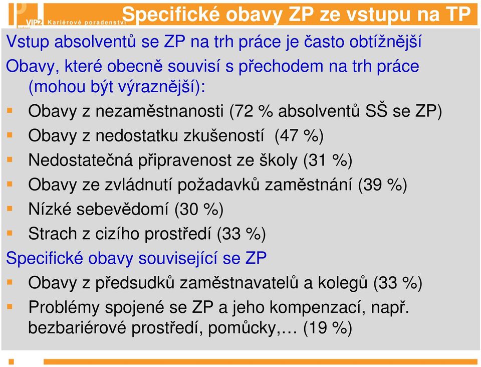 ze školy (31 %) Obavy ze zvládnutí požadavků zaměstnání (39 %) Nízké sebevědomí (30 %) Strach z cizího prostředí (33 %) Specifické obavy