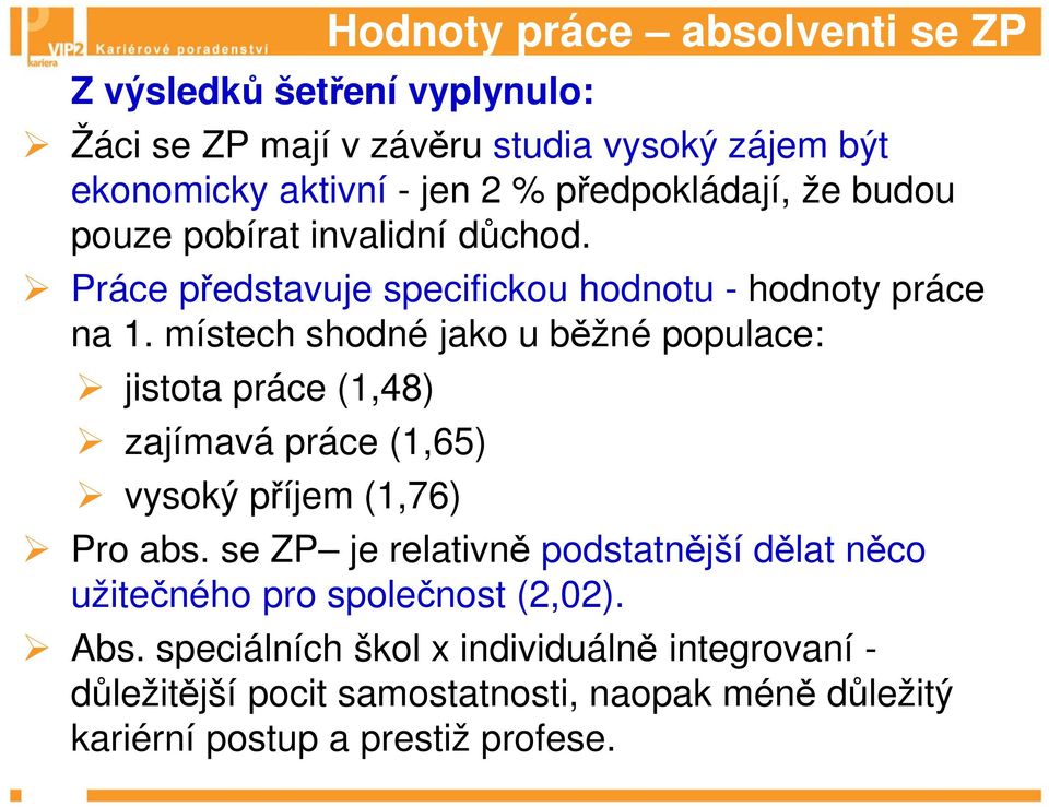 místech shodné jako u běžné populace: jistota práce (1,48) zajímavá práce (1,65) vysoký příjem (1,76) Pro abs.