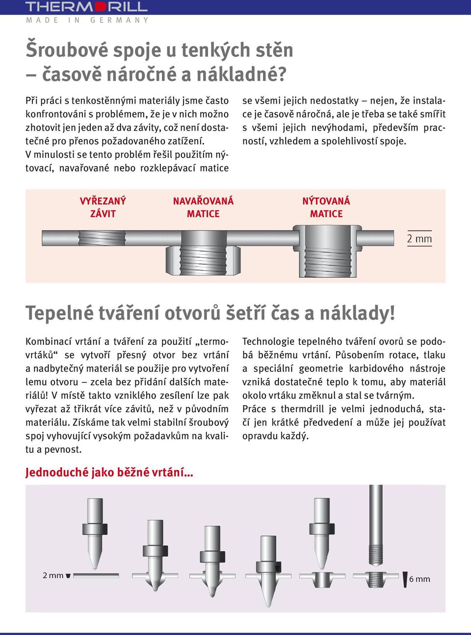 V minulosti se tento problém řešil použitím nýtovací, navařované nebo rozklepávací matice se všemi jejich nedostatky nejen, že instalace je časově náročná, ale je třeba se také smířit s všemi jejich