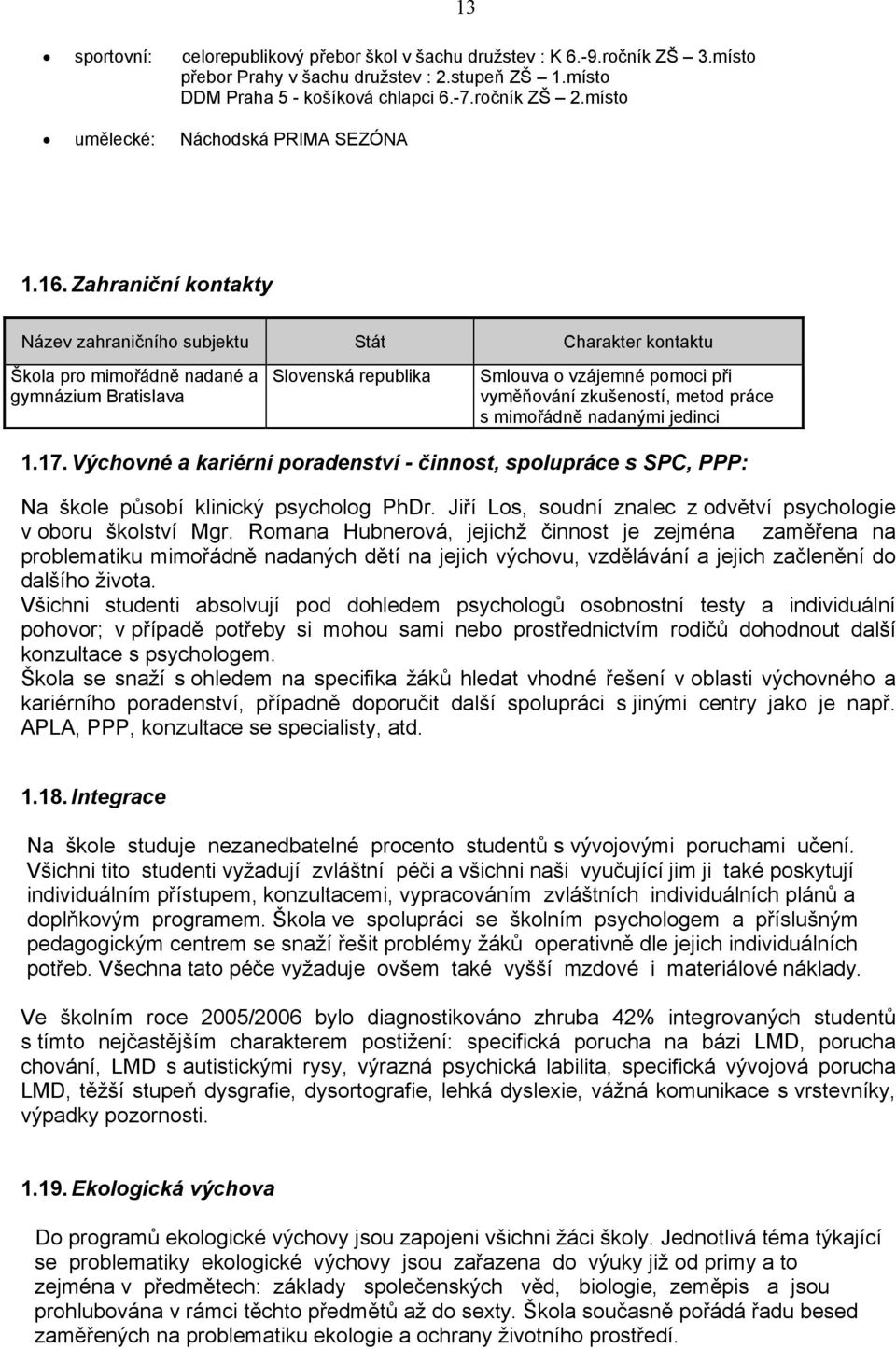 Zahraniční kontakty Název zahraničního subjektu Stát Charakter kontaktu Škola pro mimořádně nadané a gymnázium Bratislava Slovenská republika Smlouva o vzájemné pomoci při vyměňování zkušeností,